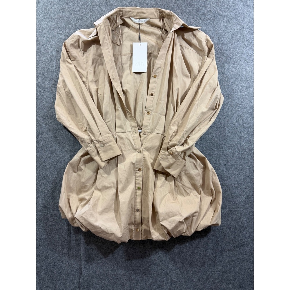 NWT ZARA Khaki Beige Balloon Hem Mini Dress 5029/094 Size S SS26 Bubble Shift